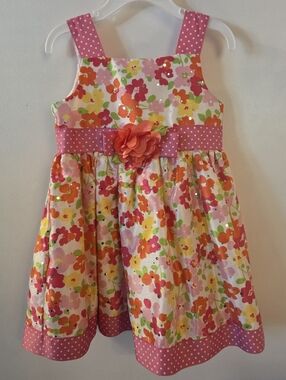 Sweet Heart Rose Pink Floral Polka Dot Dress with Flower Accent